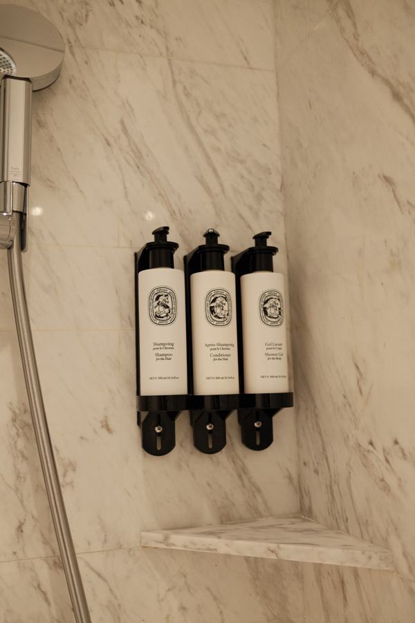 Wall-mounted shower toiletries on marble