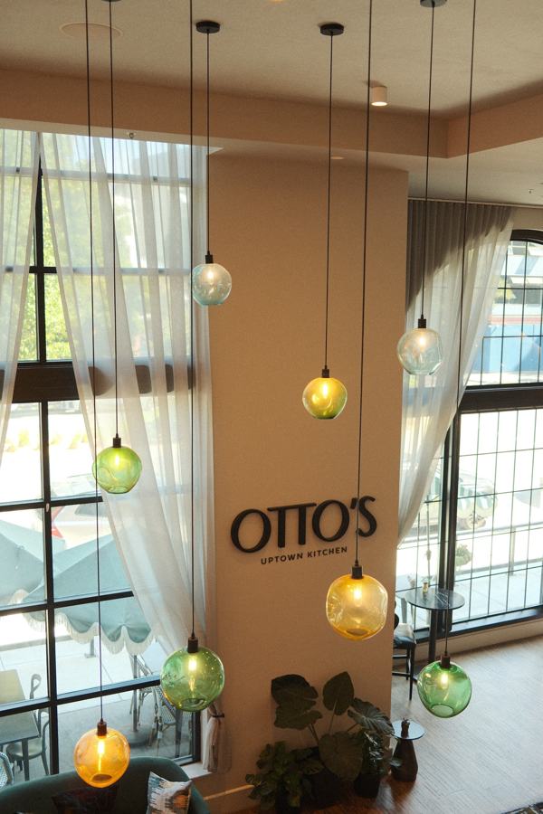 Glass pendant lights in the lobby restaurant